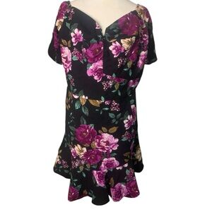 NWT City Chic Large/20 Olivia Black Purple French Floral Off Shoulder Mini Dress